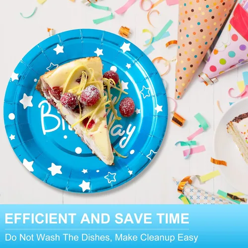 Miniatura 4 de Platos de papel de fiesta de feliz cumpleaños, platos de postre azules, 7 pulgadas, 50 unidades, decoración de fiesta de cumpleaños de lunares