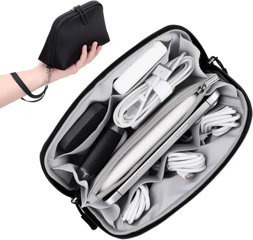 Miniatura 22 de FYY Organizador de cables de viaje, 8 compartimentos, bolsa tecnológica ligera resistente al agua con correa para la muñeca, funda portátil