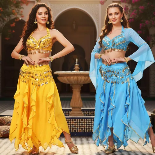 Miniatura 39 de Haysandy Conjunto de 8 piezas de danza del vientre para mujer, falda de danza del vientre, bufanda de cadera, 2 pulseras, aretes, pulsera de tobillo