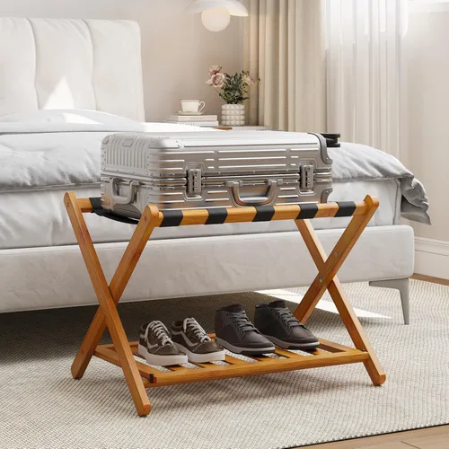 Miniatura 14 de Smart FENDEE Portaequipajes negro totalmente montado, soporte para maleta con estante para zapatos, soporte de equipaje plegable de madera