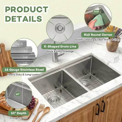 Miniatura 5 de LQS Fregadero de cocina de doble tazón para muchas ollas y sartenes, fregaderos de cocina de acero inoxidable para montaje bajo y caída