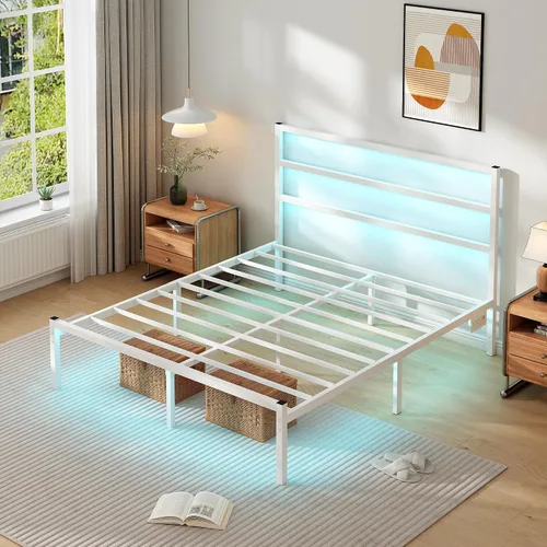 Miniatura 3 de CLIBFENG - Base de cama tamaño Queen con cabecera, listones de acero resistentes - Base de cama LED con estación de carga USB, base de colchón