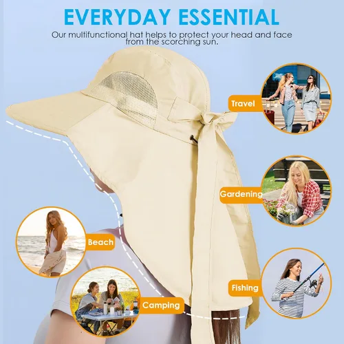 Miniatura 4 de Sombrero de mujer con protección UV, plegable, impermeable, de ala ancha, tipo cubo, con solapa para el cuello para verano, playa, pesca, senderismo