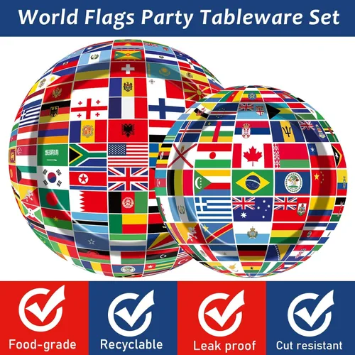 Miniatura 3 de OBUSATT 96 unidades de banderas internacionales del mundo suministros de fiesta, platos de papel de bandera de país, viaje alrededor del mundo