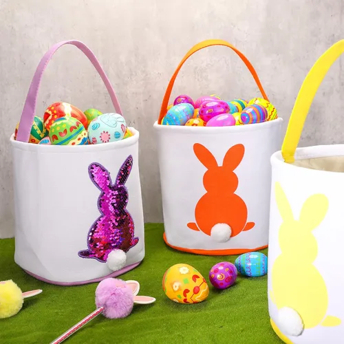 Miniatura 8 de Saintrygo 6 bolsas de cesta de conejo de Pascua para niños, cesta de caza de huevos de Pascua con asa, bolsas de regalo, cubo de transporte, Bright