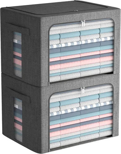 Miniatura 19 de FHSQX Paquete de 2 contenedores de almacenamiento de ropa apilables, caja de almacenamiento con marco de metal, organizador plegable de tela de lino