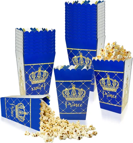 Juego de 24 cajas de palomitas de maíz con diseño de príncipe azul y dorado, con temática de baby shower, regalos de fiesta temática de cumpleaños,