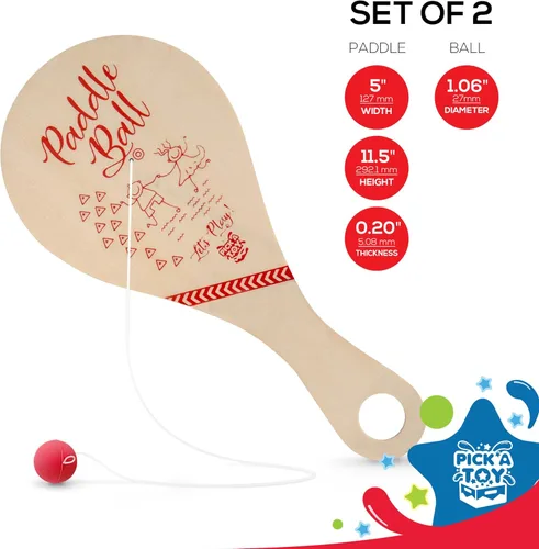 Miniatura 3 de PICK A TOY Bola de paleta de madera con cuerda (juego de 2) con bolsa de transporte verde - Juguete para interiores y exteriores: divertido y Con