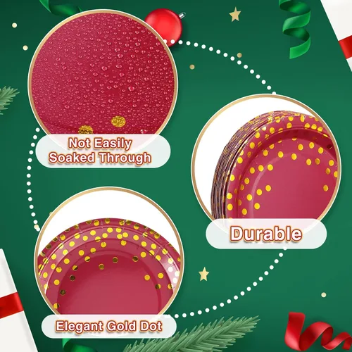 Miniatura 2 de Tegeme 256 piezas de suministros de fiesta de lunares burdeos y dorados, platos de papel, servilletas granate, vasos, vajilla desechable, mantel