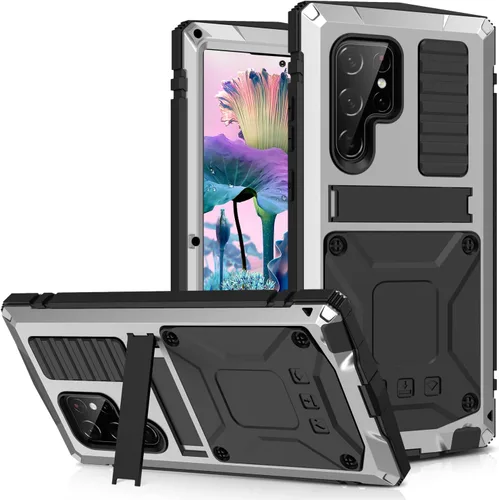Miniatura 14 de Simicoo Funda de silicona compatible con Samsung S23 Ultra Metal Bumper con soporte protector de pantalla integrado Gorilla Glass híbrido militar a