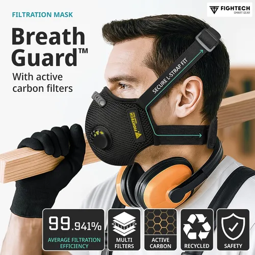 Miniatura 3 de FIGHTECH Máscara antipolvo – 3 tamaños – Mascarilla reutilizable con filtros de carbono y válvulas de aire para carpintería, construcción, mudanza
