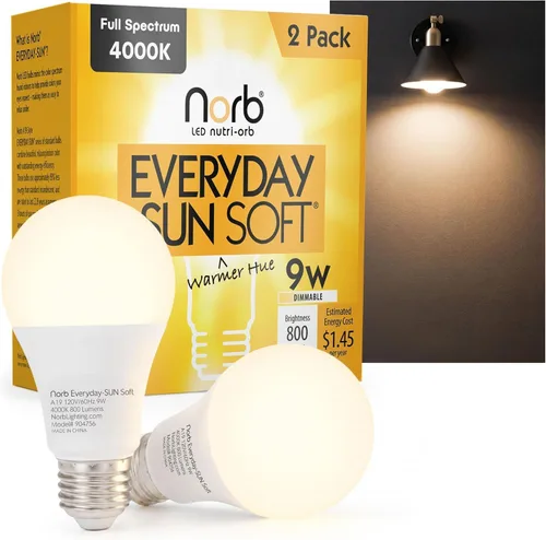 Norb Everyday Sun Soft - Bombilla de bienestar de espectro completo, paquete de 2 – Luz natural LED de luz solar que imita la luz solar para energía