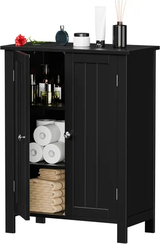 ZENY Armario de almacenamiento de piso de baño con puerta doble + estante ajustable, armario organizador de madera para sala de estar, baño, Negro