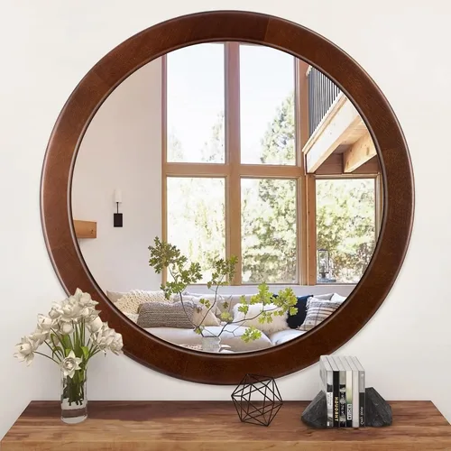 Miniatura 14 de CULER Espejo Redondo de 36 Pulgadas, Espejo de Pared Templado Rústico de Baño con Marco de Madera de Nogal, Espejos Circulares de Madera