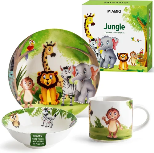 MIAMIO Juego de vajilla infantil Jungle de 3 piezas, cerámica, incluye plato, cuenco y taza