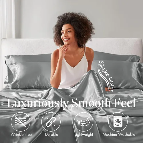 Miniatura 162 de Madison Park Essentials - Juego de sábanas de satén de lujo y sedoso con brillo natural, bolsillo elástico de 14 pulgadas para colchones de hasta 16