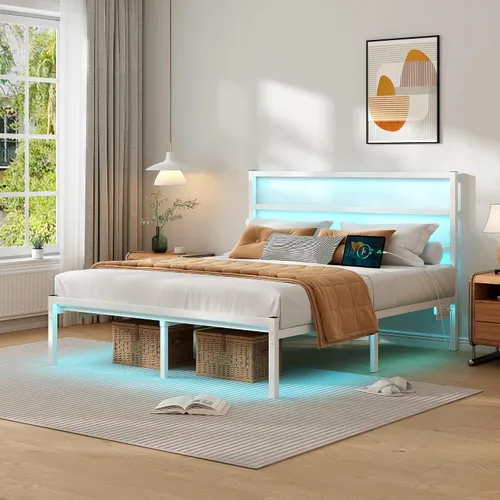 Miniatura 4 de CLIBFENG - Base de cama tamaño Queen con cabecera, listones de acero resistentes - Base de cama LED con estación de carga USB, base de colchón