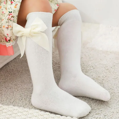 Miniatura 7 de Calcetines altos hasta la rodilla para bebés niñas, con lazo de punto y moño, calcetines de tubo con volantes para 0-7 años