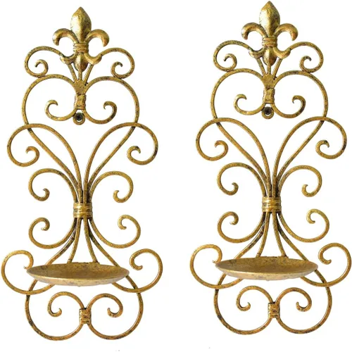 Miniatura 4 de Juego de 2 candelabros de pared, decoración de pared de metal, candelabros para colgar en la pared, para sala de estar, comedor (dorado)