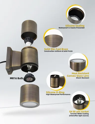 Miniatura 3 de COLOER Luces de pared cilíndricas de latón para exteriores (bronce de 6.875 pulgadas de alto x 4.25 pulgadas de ancho) con LED MR16 de 5 W, luz