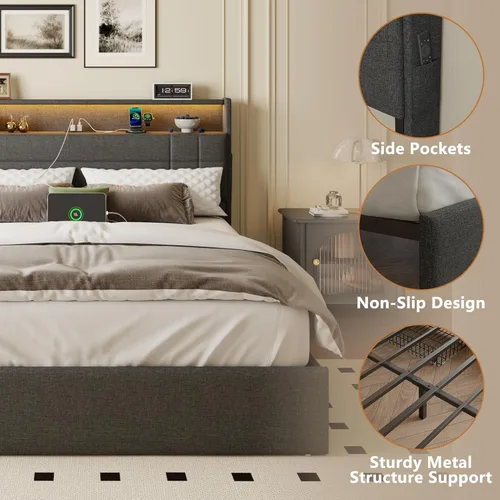 Miniatura 9 de Forestell Base de cama Queen con 4 cajones y cabecera de almacenamiento, base de cama tapizada gris tamaño Queen con estación de carga y luces LED
