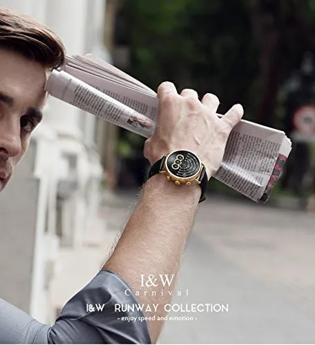 Miniatura 6 de Luxury Mens Big Dial Chronograph Sapphire Glass Waterproof Quartz Black Leather Gold Watches