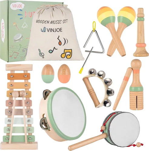 Miniatura 8 de VINJOE Juego de música de madera - Juguetes de instrumentos musicales para niños, instrumentos de percusión de madera natural, juguete