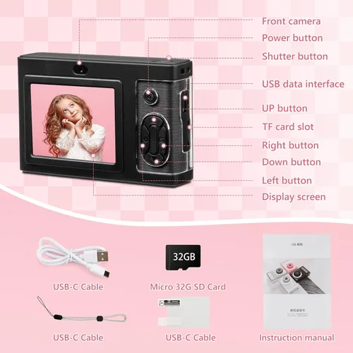 Miniatura 7 de Cámara digital, cámara FHD 1080P para niños con tarjeta de 32 GB, cámara digital de 48 MP con zoom 8X para apuntar y disparar, antivibraciones