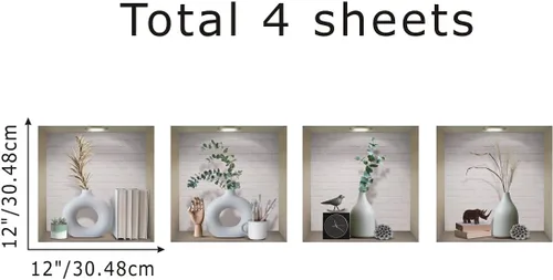 Miniatura 5 de IARTTOP Calcomanía mágica de pared de jarrón 3D, elegante calcomanía de pared de jarrones blancos, calcomanías de plantas verdes vintage