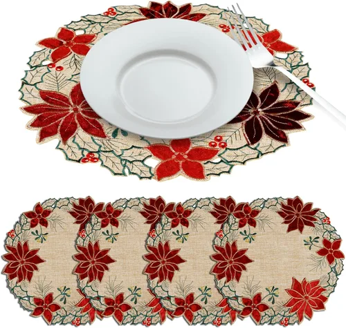 Miniatura 2 de OWENIE Juego de 4 manteles individuales redondos de flor de pascua de Navidad, bordados, con apliques bordados, manteles individuales de lino