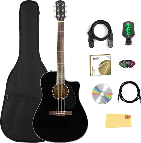 Fender CD-60SCE - Guitarra electroacústica Dreadnought de tapa sólida - Paquete negro con funda, cable, afinador, correa, cuerdas, púas, DVD