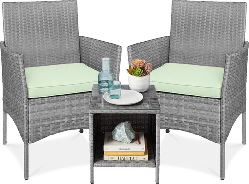 Miniatura 19 de Best Choice Products Juego de 3 piezas de mimbre para conversación al aire libre, muebles de patio que ahorran espacio para jardín con mesa