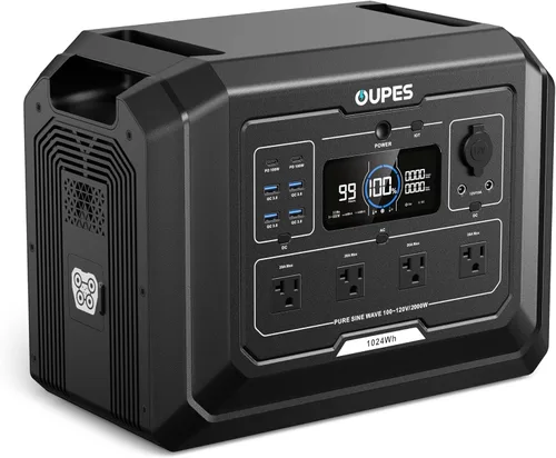 OUPES Mega 1 Estación de Energía Portátil 2000W (Pico 4500W), Batería LiFePO4 1024Wh Generador Solar, Expandible a 5kWh, UPS, para Energía de