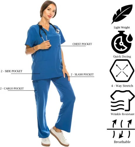 Miniatura 6 de Conjunto médico de 7 bolsillos con cuello en V para mujer, elástico en 4 direcciones, cómodo, peso ligero