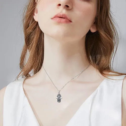 Miniatura 9 de PROESS Collar de plata de ley Hamsa Fátima collar de elefante, colgante de ojo azul, joyería para hombres, mujeres, niñas y niños