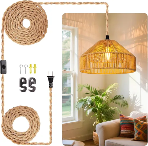 Miniatura 15 de Lámpara colgante de ratán: iluminación colgante de 16.4 pies con cable enchufable, enchufe a toma de pared, interruptor de encendido/apagado