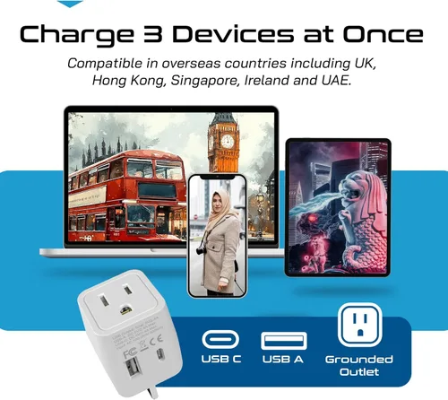 Miniatura 2 de Ceptics Adaptadores británicos para viajes a Londres, Hong Kong, Irlanda - USB-A + USB-C y entrada de Estados Unidos - Adaptador tipo G conectado a