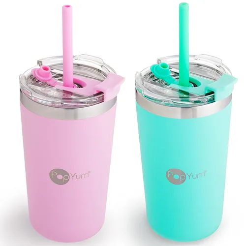 Miniatura 18 de PopYum - Vasos de acero inoxidable para niños, 9 onzas, morado, rosa, paquete de 2 Aislado, aspiradora de doble pared, tapa y pajilla, apilable, a