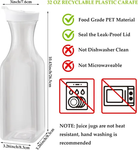 Miniatura 2 de 3 piezas Jarra de agua de plástico de 32 oz con tapa abatible, contenedores de jugo de base cuadrada, jarra de suministros para bar de mimosa