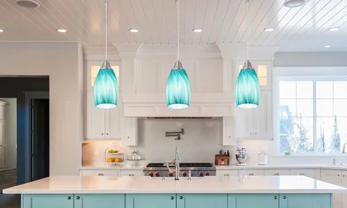 Miniatura 8 de karyfine Mini lámparas colgantes de vidrio artístico para isla de cocina, hechas a mano en color teja con vidrio dorado, iluminación colgante
