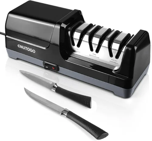 Afilador de cuchillos Enutogo, afilador de cuchillos eléctrico profesional de 3 etapas para cuchillos de cocina, 100% abrasivo de diamante para guía