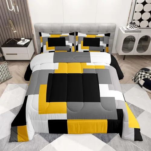 Miniatura 25 de jejeloiu Juego de edredón geométrico para niños, tamaño individual, diseño de rayas de color negro, blanco y gris, juego de ropa de cama decorativo