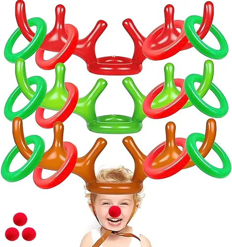 Juego de 18 piezas de 3 anillos inflables de cornamenta de reno para lanzar juegos de fiesta de Navidad, juguetes familiares para niños, relleno de