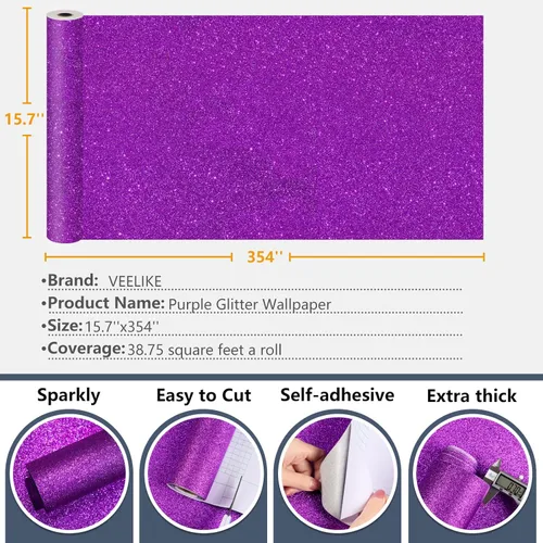 Miniatura 8 de VEELIKE Papel tapiz con purpurina púrpura brillante, para pegar y despegar, papel de contacto con purpurina extraíble de 15.7 x 354 pulgadas