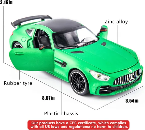 Miniatura 4 de BDTCTK 1/24 AMG GTR - Coche modelo de auto de juguete, aleación de zinc con sonido y luz para regalo de niños y niñas (verde)