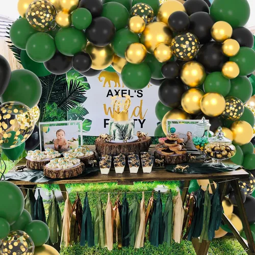 Miniatura 4 de Kit de arco de guirnalda de globos de color verde oscuro, negro y dorado, 122 globos de confeti negro verde oscuro metálico dorado para selva, Verde