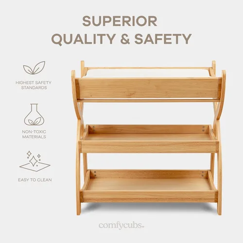 Miniatura 4 de Comfy Cubs Mesa Cambiadora para Bebé - Construcción de Madera Resistente, Mesa de Cambio para Bebé de Aspecto Atemporal con Dos Estantes Abiertos