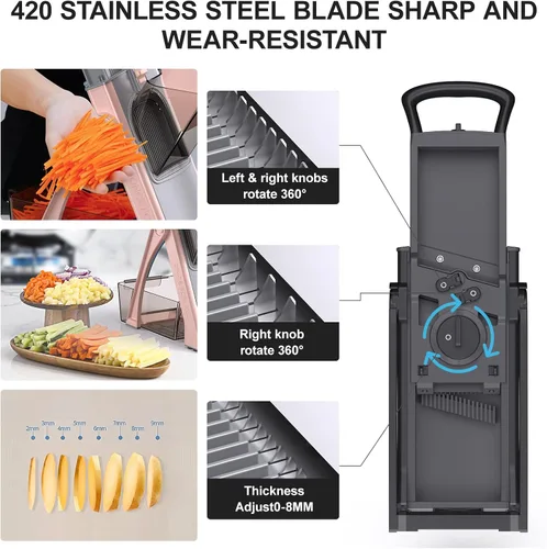 Miniatura 4 de 2025 [Todo en 1] Versión mejorada de mandolina segura para la cocina, grosor ajustable. Cortador de verduras, mandolina de preparación rápida, Black