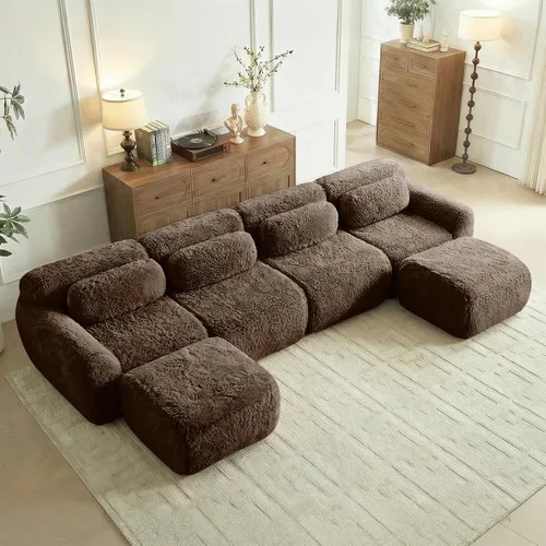 Miniatura 23 de Sofás de nube sin hueso de 80.4 pulgadas, tela de felpa suave y esponjosa, sofá cama modular con 2 otomanas, sofás de dos plazas de chocolate,