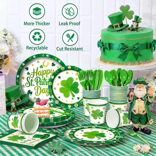 Miniatura 3 de 168 piezas de suministros para fiesta del día de San Patricio, platos y servilletas de papel del día de San Patricio, tazas, cuchillo, tenedor y St.